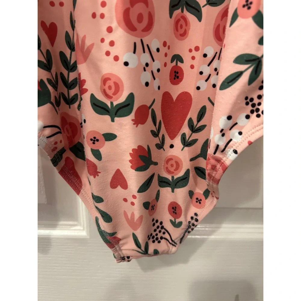 Tiny Tribe One‎ Piece Swimsuit Pink Floral Heart Ruffle Rash Guard Swimwear 7